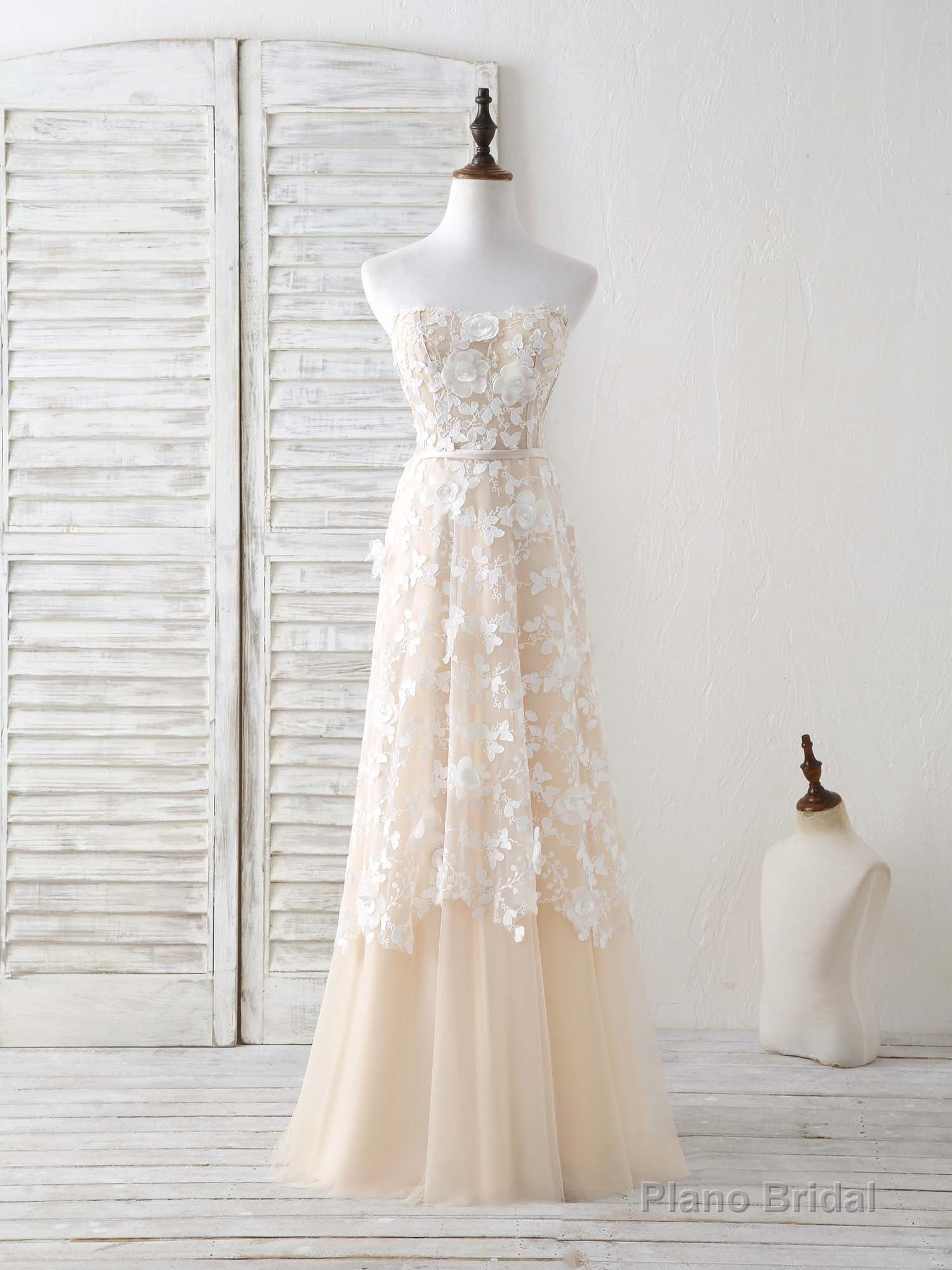 Champagne Tulle Lace Applique Long Prom Dress Champagne Evening Dress