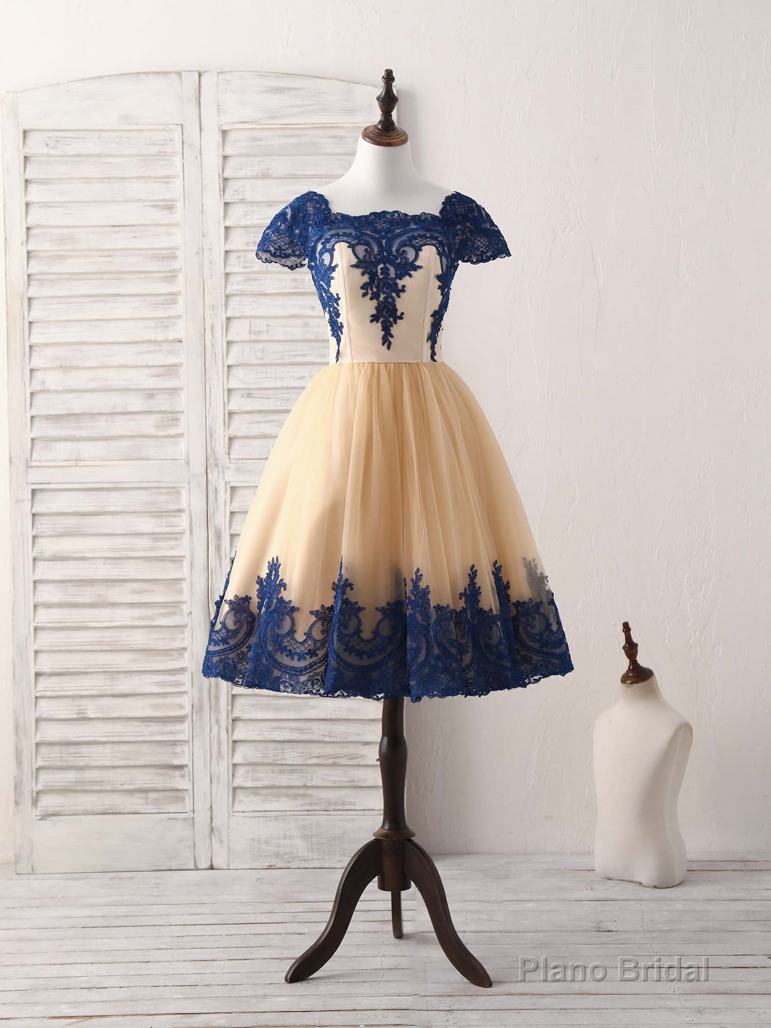 Champagne Tulle Lace Applique Short Prom Dress, Bridesmaid Dress Main image