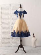 Champagne Tulle Lace Applique Short Prom Dress, Bridesmaid Dress