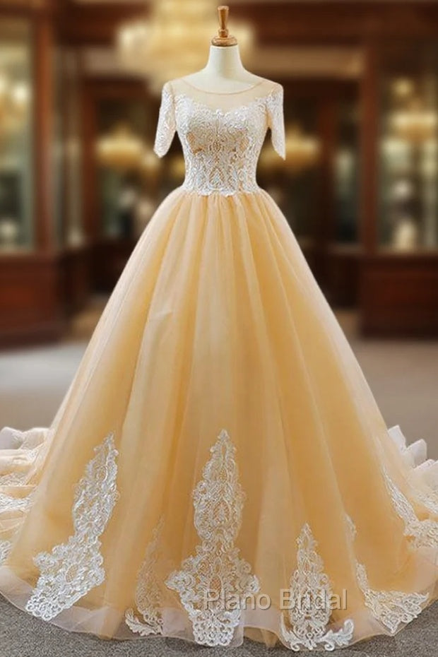Champagne Tulle Lace Appliques Short Sleeve Backless Wedding Dresses Main image