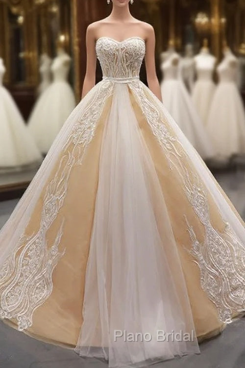 Champagne Tulle Lace Appliques Sweetheart With Beading Formal Prom Dresses
