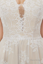 Champagne Tulle Lace Deep V-neck Backless Pearls Wedding Dresses