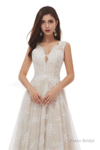 Champagne Tulle Lace Deep V-neck Backless Pearls Wedding Dresses