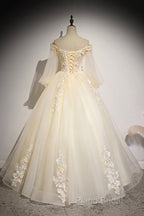Champagne Tulle Lace Floor Length Formal Prom Dresses, Off Shoulder Long Sleeve Formal Dresses