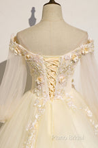 Champagne Tulle Lace Floor Length Formal Prom Dresses, Off Shoulder Long Sleeve Formal Dresses