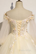 Champagne Tulle Lace Floor Length Formal Prom Dresses, Off Shoulder Long Sleeve Formal Dresses