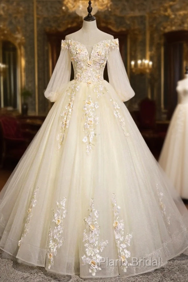 Champagne Tulle Lace Floor Length Formal Prom Dresses, Off Shoulder Long Sleeve Formal Dresses Main image