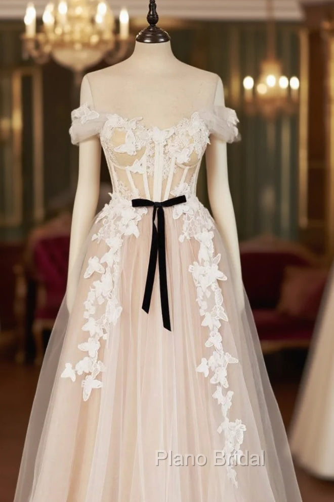 Champagne Tulle Lace Long Formal Prom Dresses, A-Line Off the Shoulder Evening Dresses Secondary image