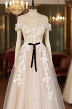 Champagne Tulle Lace Long Formal Prom Dresses, A-Line Off the Shoulder Evening Dresses