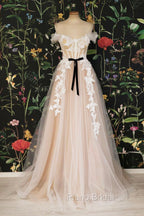 Champagne Tulle Lace Long Formal Prom Dresses, A-Line Off the Shoulder Evening Dresses