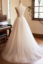 Champagne Tulle Lace Long Formal Prom Dresses, A-Line Spaghetti Straps Backless Evening Dresses