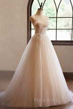 Champagne Tulle Lace Long Formal Prom Dresses, A-Line Spaghetti Straps Backless Evening Dresses