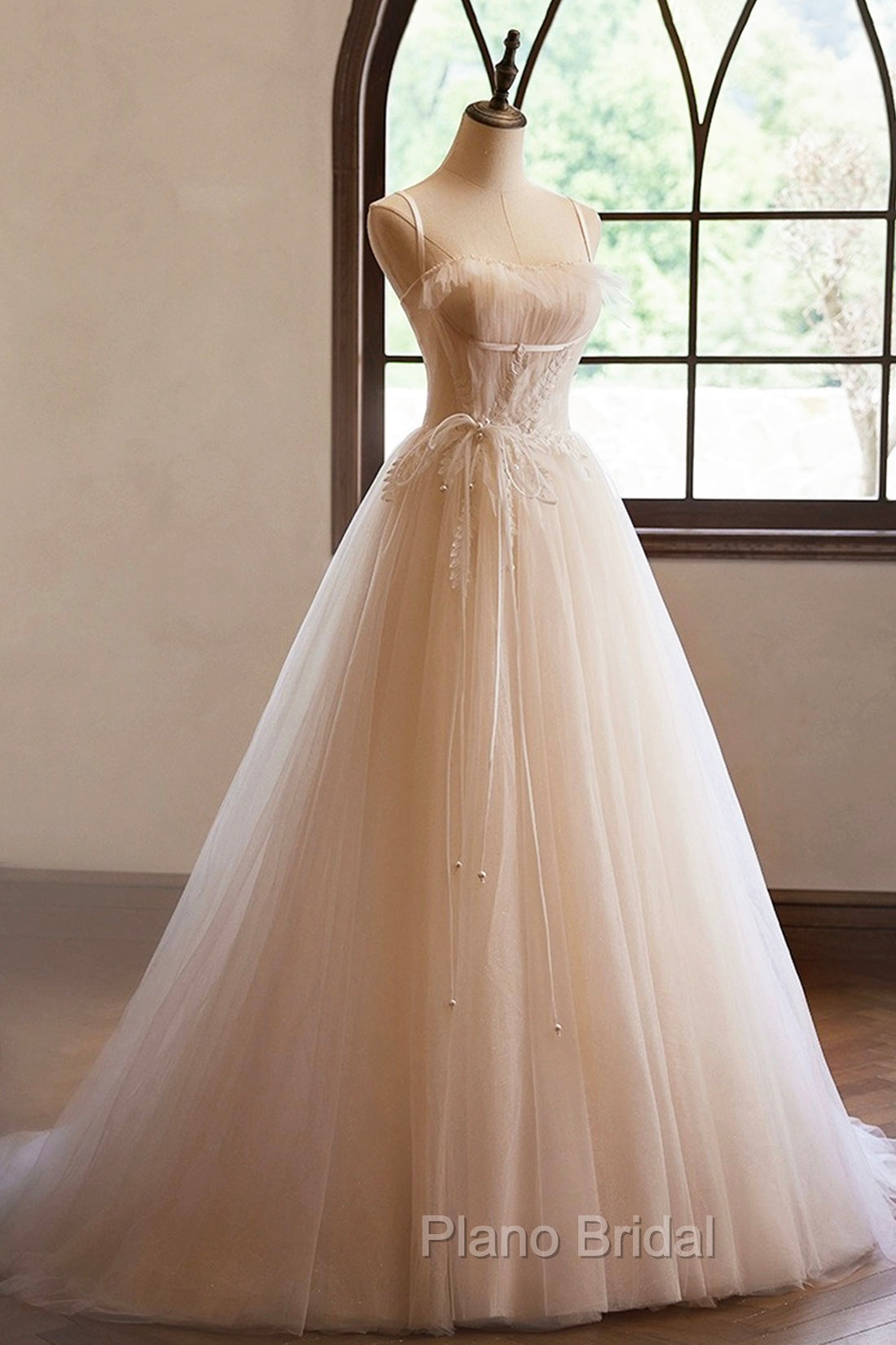 Champagne Tulle Lace Long Formal Prom Dresses, A-Line Spaghetti Straps Backless Evening Dresses