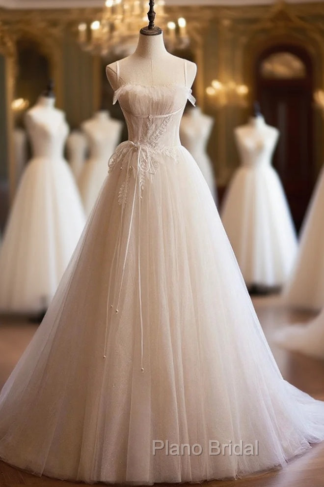 Champagne Tulle Lace Long Formal Prom Dresses, A-Line Spaghetti Straps Backless Evening Dresses