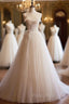 Champagne Tulle Lace Long Formal Prom Dresses, A-Line Spaghetti Straps Backless Evening Dresses