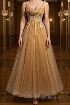 Champagne tulle lace long Formal Prom dress champagne formal dress