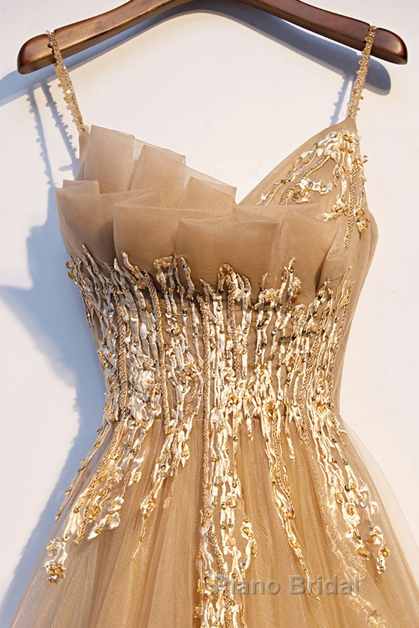 Champagne tulle lace long Formal Prom dress champagne formal dress