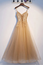 Champagne tulle lace long Formal Prom dress champagne formal dress