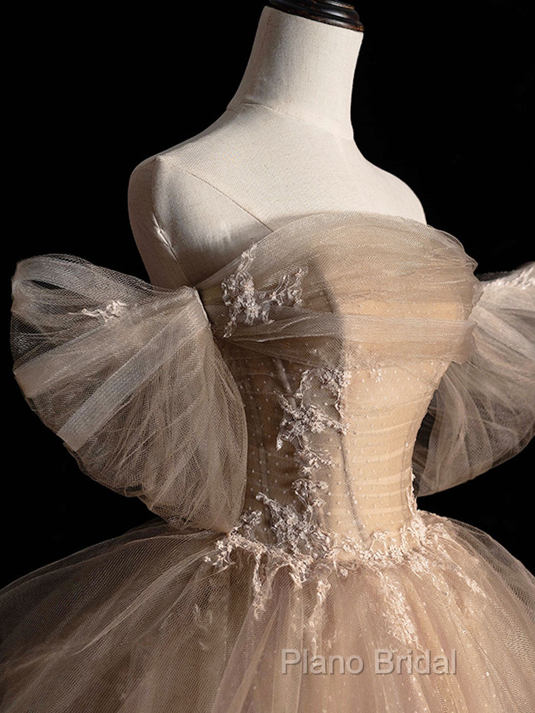 Champagne Tulle Lace Long Formal Prom Dresses, Champagne Formal Dresses Secondary image