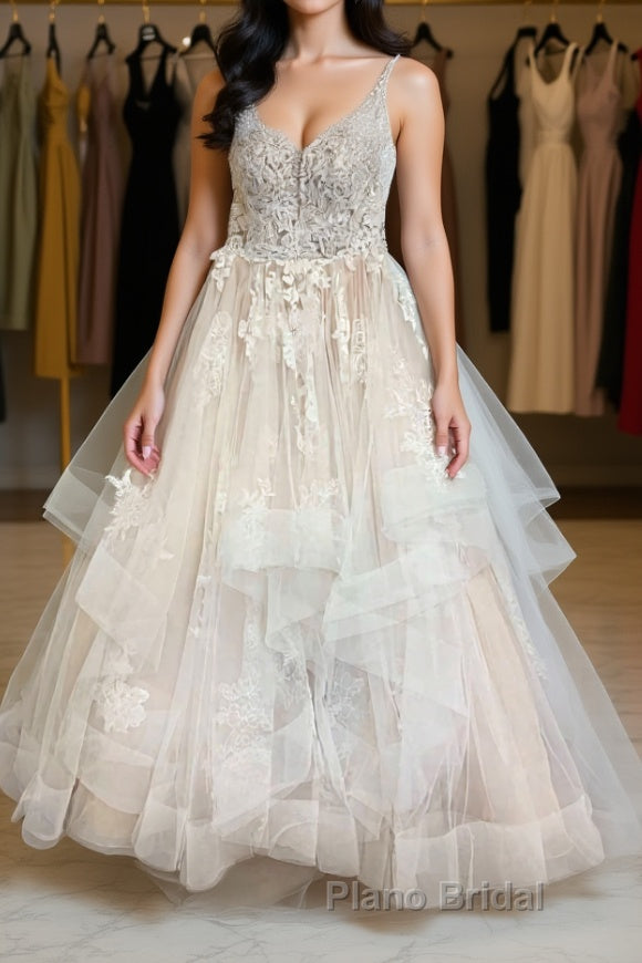 Champagne tulle lace long Formal Prom dress champagne lace evening dress