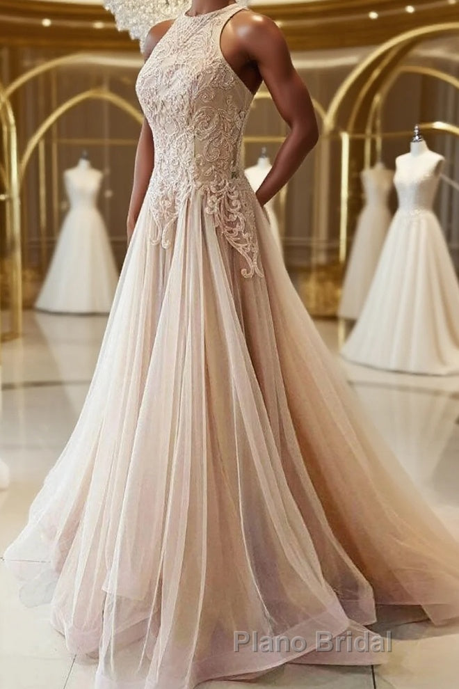 Champagne tulle lace long Formal Prom dress, champagne tulle evening dress Main image