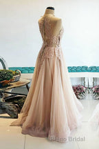 Champagne tulle lace long Formal Prom dress, champagne tulle evening dress