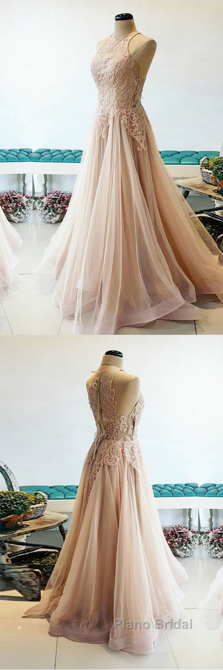 Champagne tulle lace long Formal Prom dress, champagne tulle evening dress
