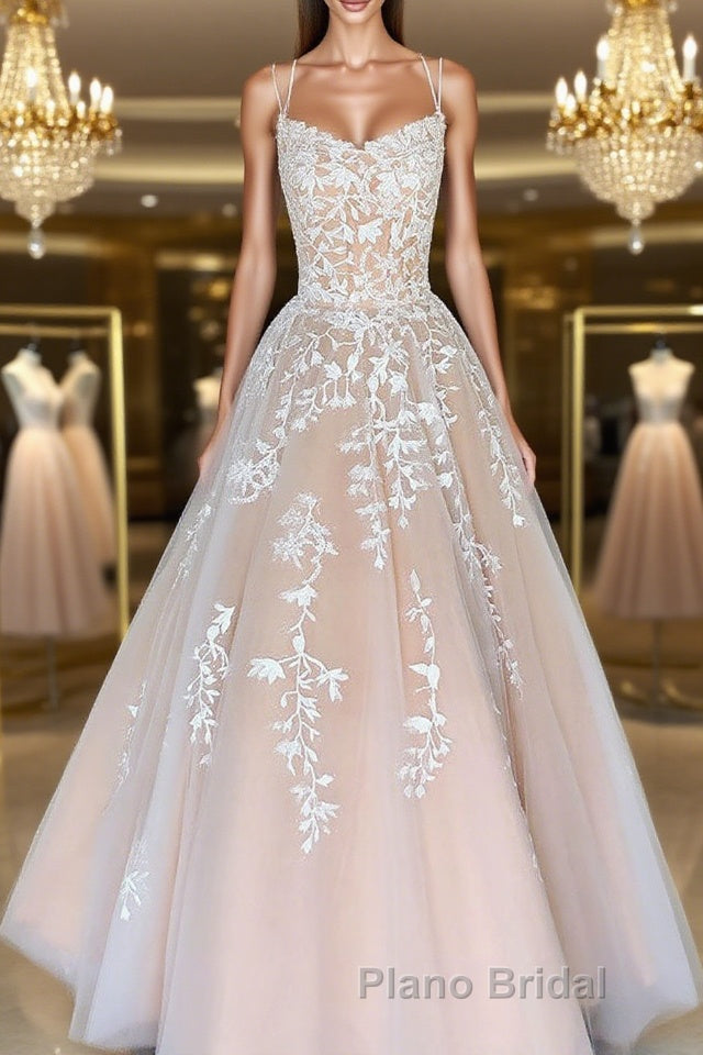 Champagne tulle lace long Formal Prom dress, champagne tulle formal dress Main image