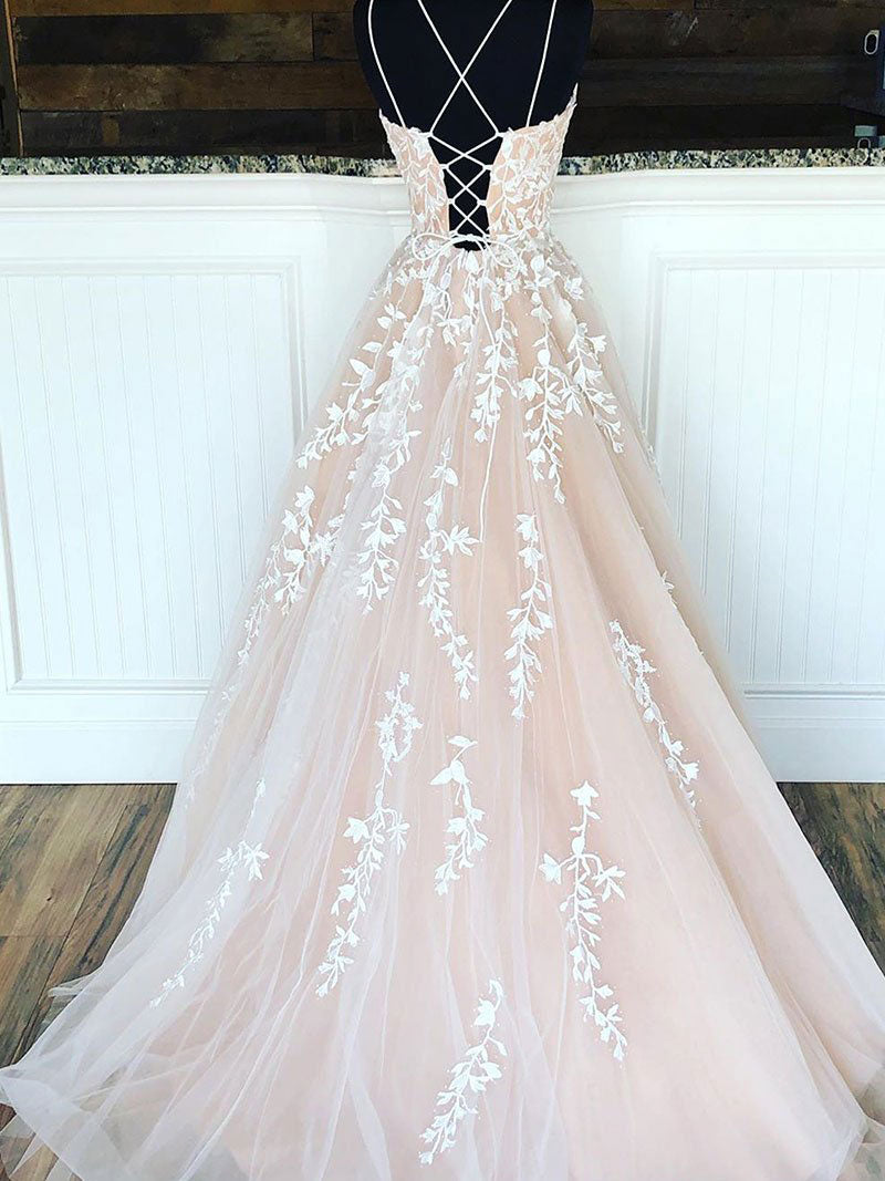 Champagne Tulle Lace Long Formal Prom Dresses Lace Tulle Prom Dresses