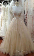 Champagne Tulle Lace Long Formal Prom Dresses, Lace Wedding Dresses