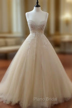Champagne Tulle Lace Long Formal Prom Dresses, Lace Wedding Dresses