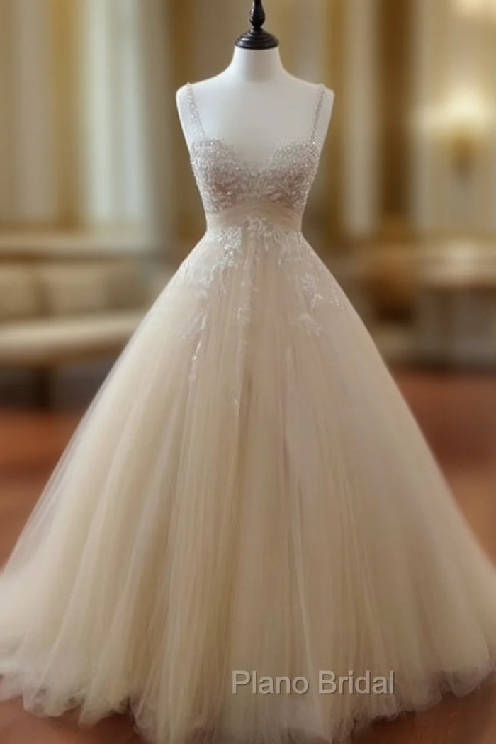 Champagne Tulle Lace Long Formal Prom Dresses, Lace Wedding Dresses