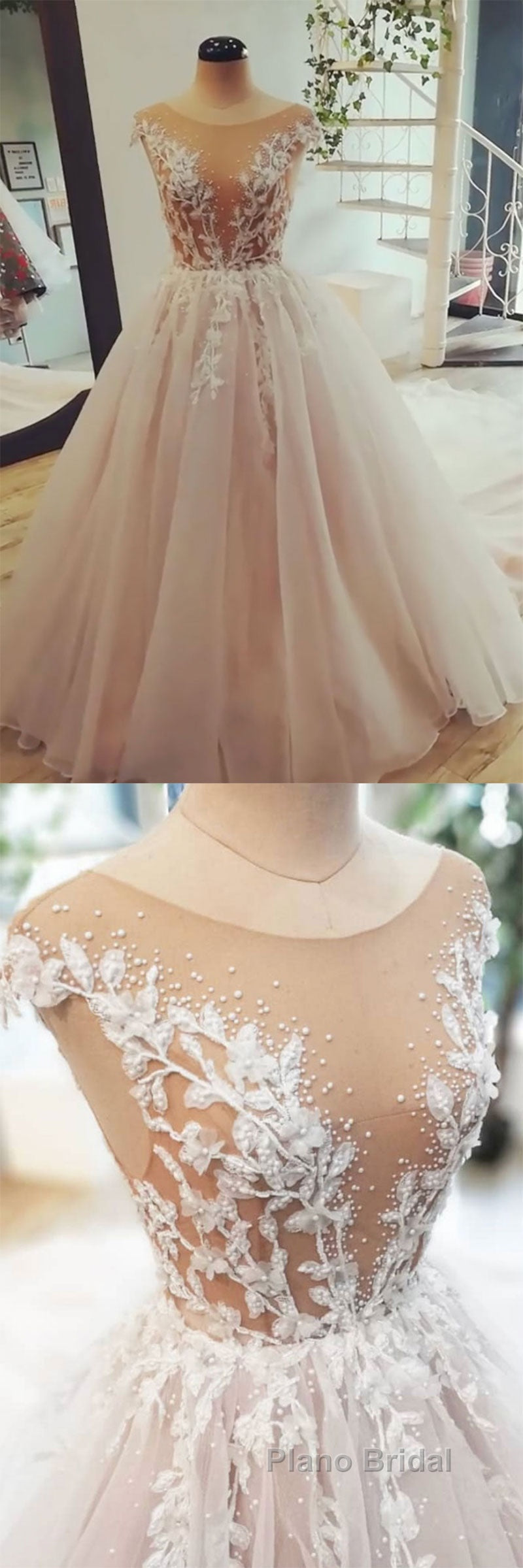 Champagne tulle lace long Formal Prom dress, tulle evening dress