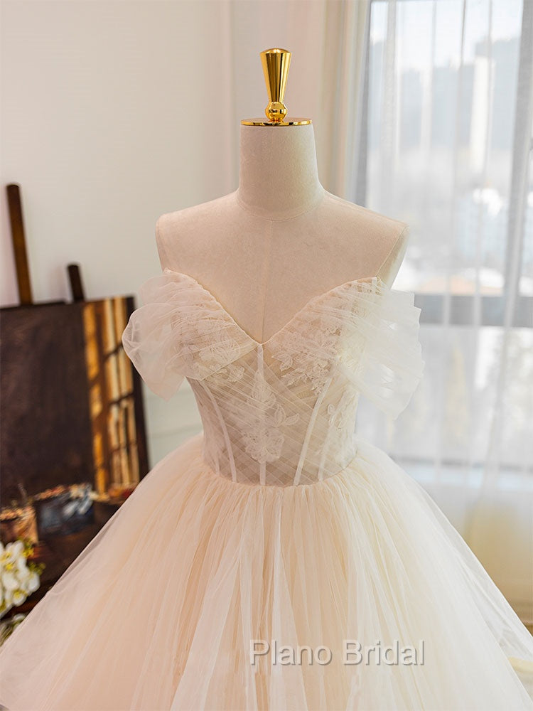 Champagne Tulle Lace Long Wedding Dresses, Lace Tulle Wedding Gown
