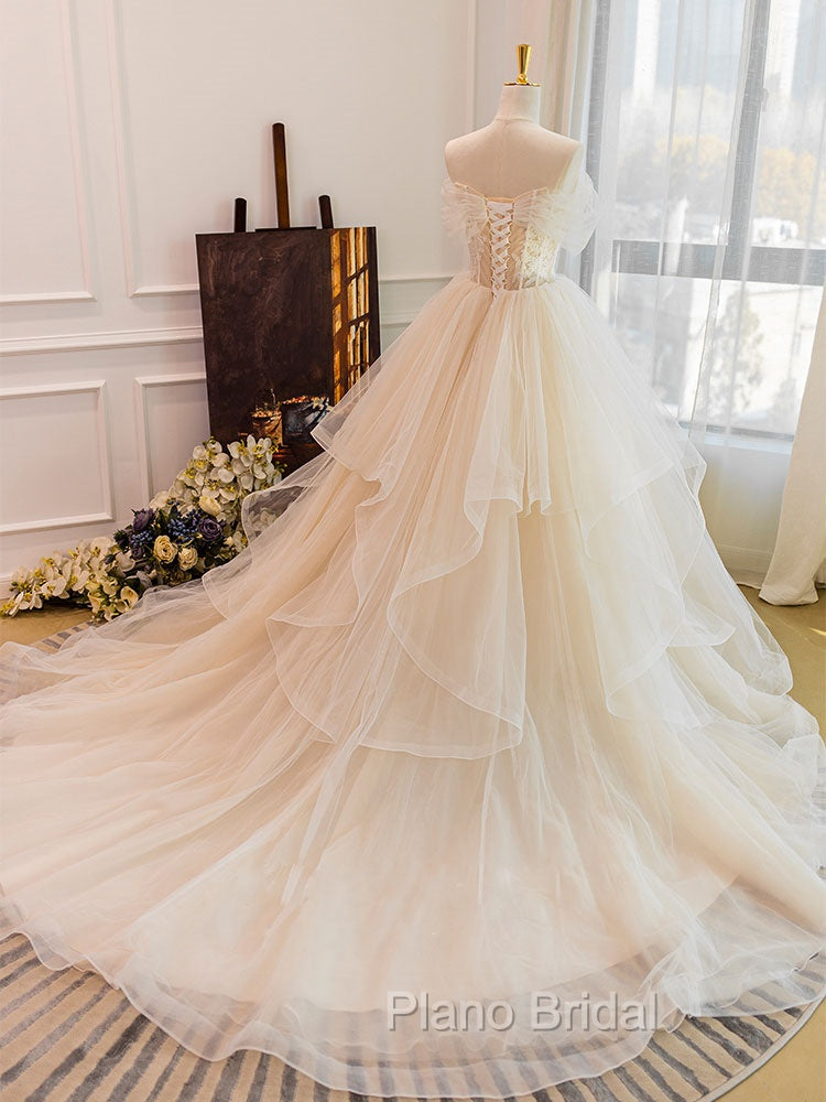 Champagne Tulle Lace Long Wedding Dresses, Lace Tulle Wedding Gown