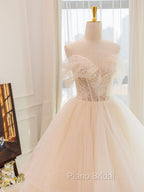 Champagne Tulle Lace Long Wedding Dresses, Lace Tulle Wedding Gown
