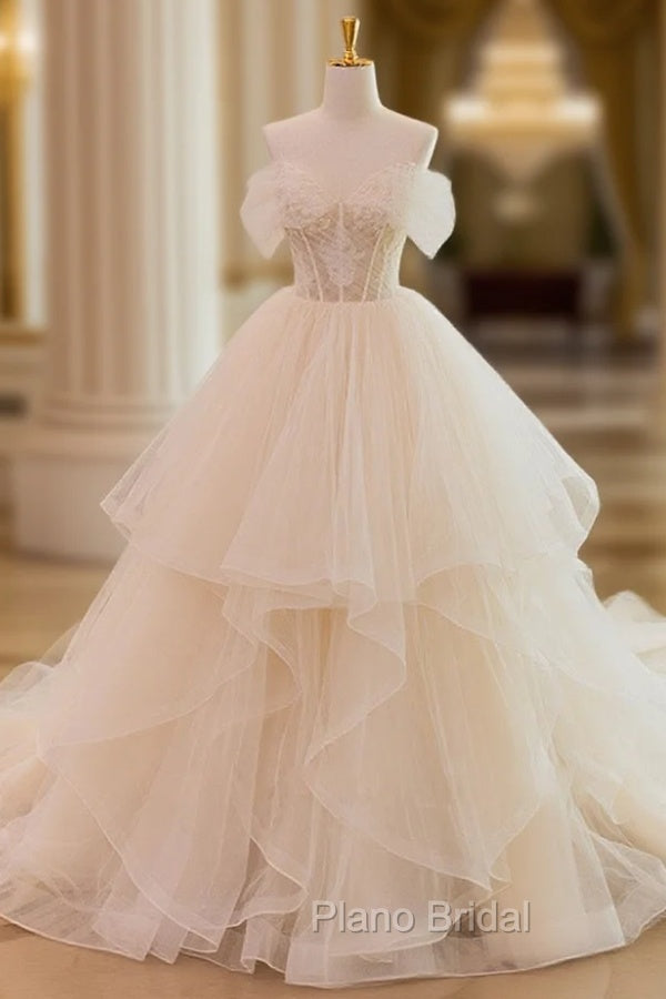 Champagne Tulle Lace Long Wedding Dresses, Lace Tulle Wedding Gown Main image