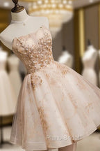 Champagne Tulle Lace Short Formal Prom Dresses, Puffy Champagne Homecoming Dresses