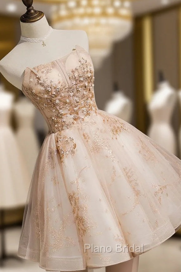 Champagne Tulle Lace Short Formal Prom Dresses, Puffy Champagne Homecoming Dresses