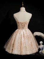 Champagne Tulle Lace Short Formal Prom Dresses, Puffy Champagne Homecoming Dresses