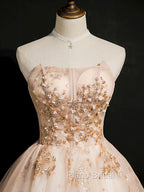 Champagne Tulle Lace Short Formal Prom Dresses, Puffy Champagne Homecoming Dresses