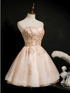 Champagne Tulle Lace Short Formal Prom Dresses, Puffy Champagne Homecoming Dresses