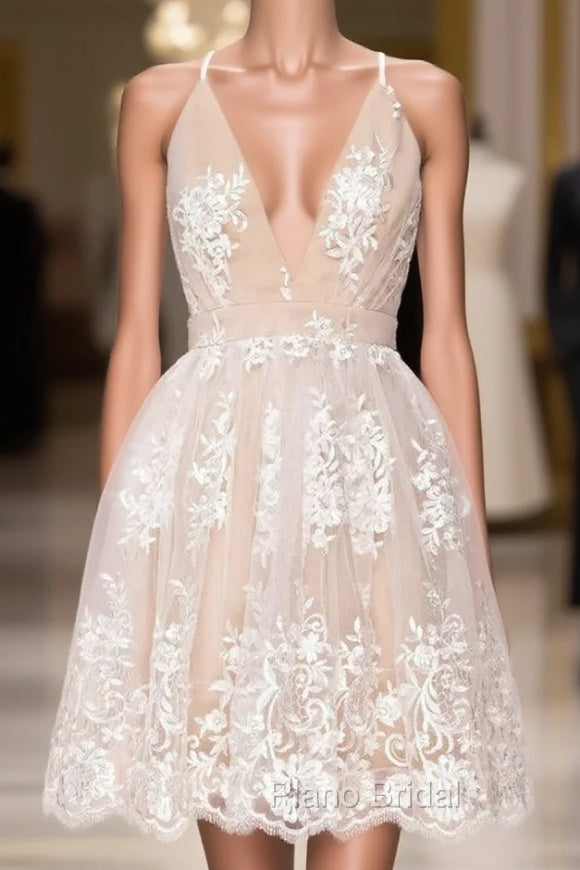 Champagne Tulle Lace Spaghetti Straps Homecoming Dresses