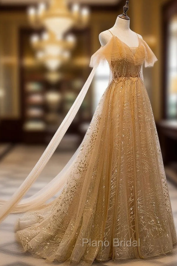 Champagne Tulle Lace V-neckline Beaded Unique Floor Length Party Dresses, New Formal Prom Dresses Evening Dresses Secondary image