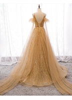 Champagne Tulle Lace V-neckline Beaded Unique Floor Length Party Dresses, New Formal Prom Dresses Evening Dresses
