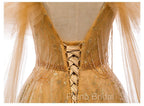 Champagne Tulle Lace V-neckline Beaded Unique Floor Length Party Dresses, New Formal Prom Dresses Evening Dresses