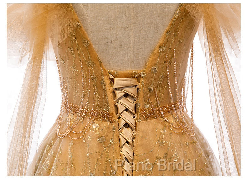 Champagne Tulle Lace V-neckline Beaded Unique Floor Length Party Dresses, New Formal Prom Dresses Evening Dresses