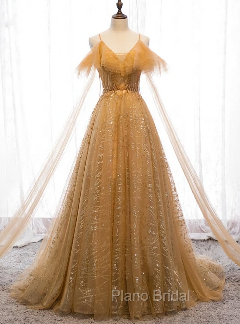 Champagne Tulle Lace V-neckline Beaded Unique Floor Length Party Dresses, New Formal Prom Dresses Evening Dresses