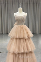 Champagne Tulle Layers Long A-Line Formal Prom Dresses, Spaghetti Strap Beaded Evening Dresses