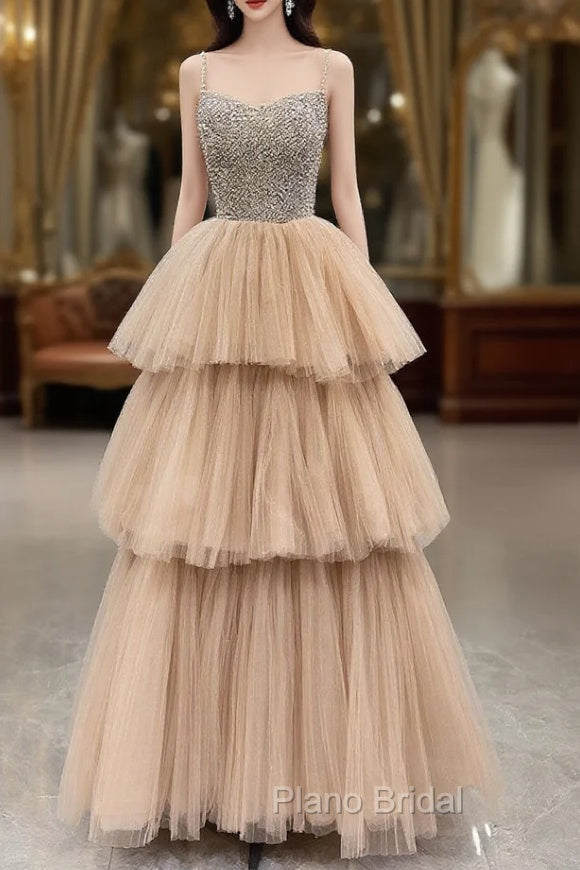 Champagne Tulle Layers Long A-Line Formal Prom Dresses, Spaghetti Strap Beaded Evening Dresses Main image